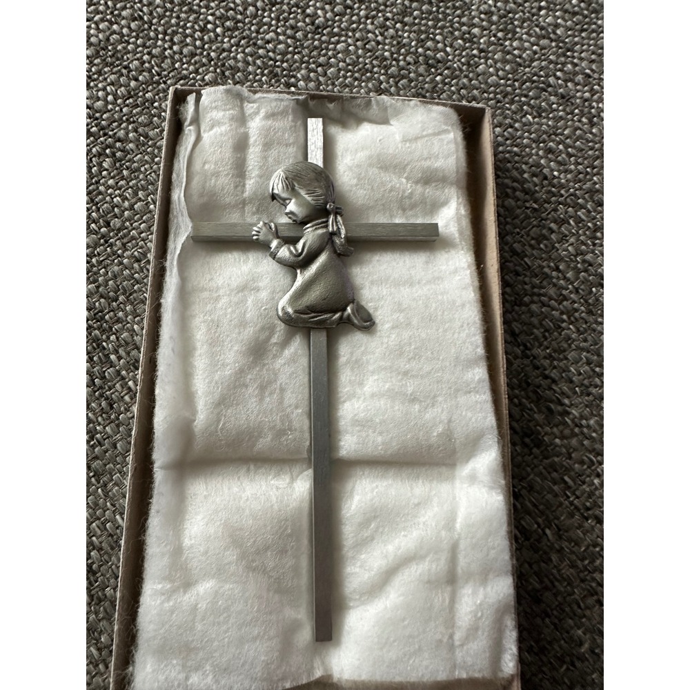 Vintage Praying Girl Wall Cross Metal Religious Nursery Decor Crucifix 6 Inch